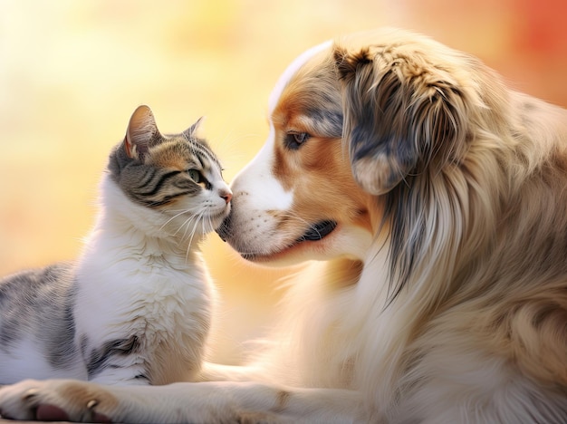 Animal friendship golden retriever dog and cat touching heads romantic