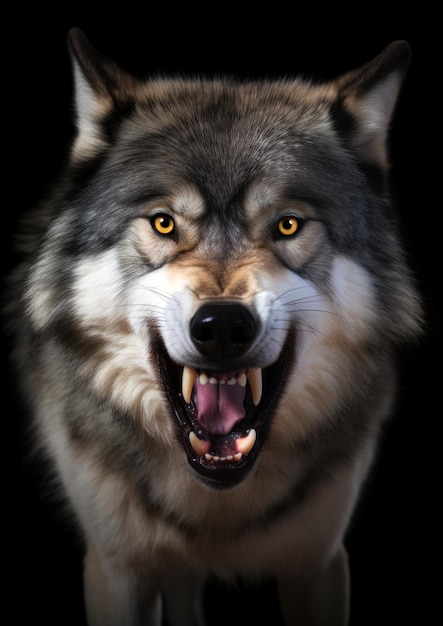 Photo animal photography of a angry wolf on a black background conceptual for frame