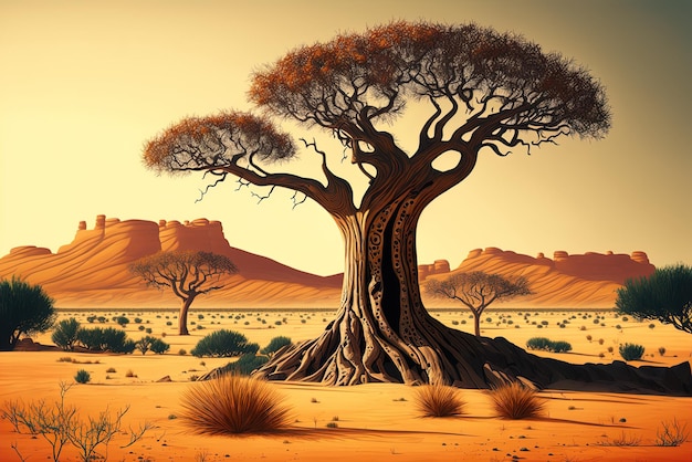 Animal picture of a baobab tree in a savanna setting in Africa