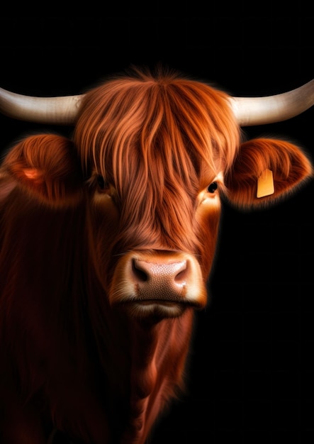Animal portrait of a highland cattle ox on a black background conceptual for frame