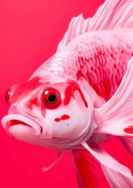 Foto ritratto animale di un pesce rosa su uno sfondo rosa concettuale per la cornice