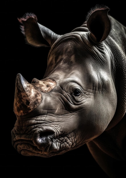 Animal portrait of a rhino on a black background conceptual for frame