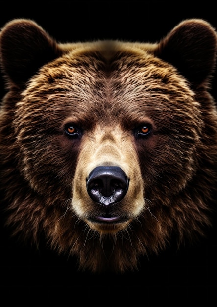 Animal portrait of a wild brown bear on a black background conceptual for frame