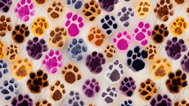 An animal print with many different colors of paw prints