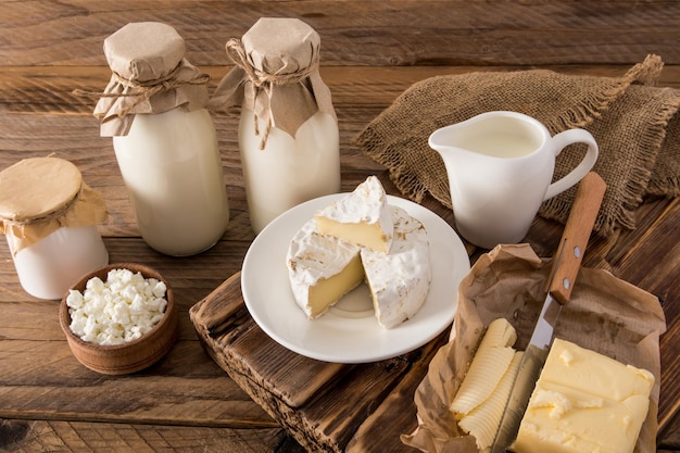 Animal products farmed dairy products on a wooden brown table