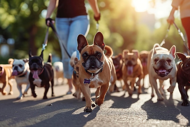 プロフェッショナルな動物が犬の群れを散歩に連れて行く