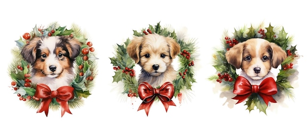 Animal puppy in christmas wreath watercolor ai generated holiday dachshund happy xmas character merry animal puppy in christmas wreath watercolor illustration