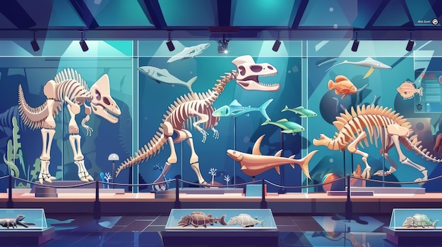 Photo animal skeletons in an ancient museum of paleontology cartoon image modern illustration showing ancient stone age artifacts ancient prehistoric animals bones scientific discovery archaeology