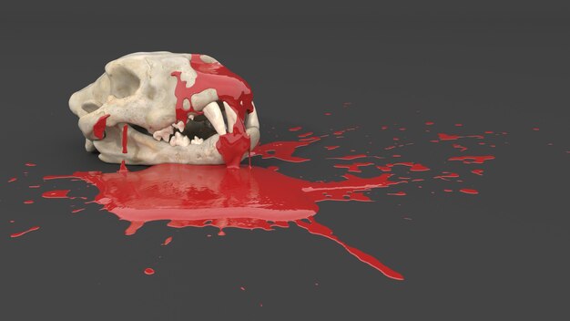Animal skull stained with red paint in the form of a blot, 3d illustration