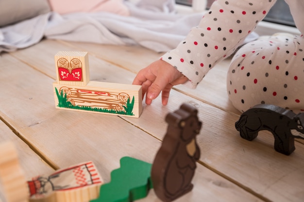 Animal Toys.child playing with toy ,made of wooden blocks on wooden texture floor indoors in his room.