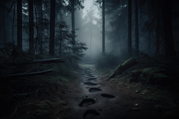 Animal tracks and signs in dark and mysterious forest created with generative ai