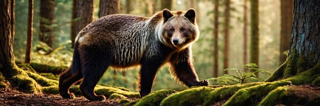 An animal walking in the green forest