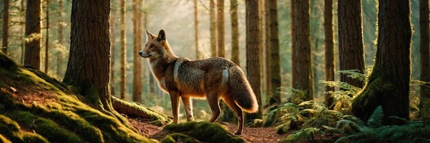 An animal walking in the green forest