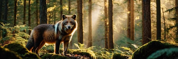 An animal walking in the green forest