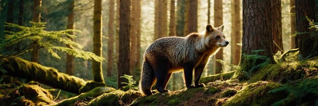 An animal walking in the green forest