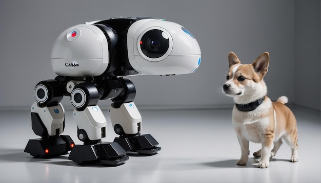 犬と一緒にいる白いロボット動物