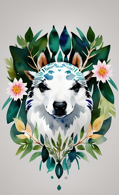 animal with flowers and leaves watercolor illustration