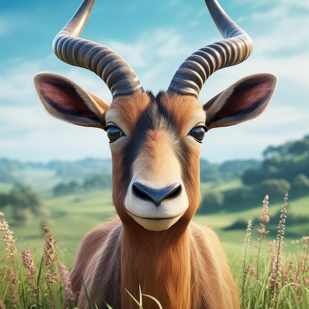 a animal with horns in a grassy field