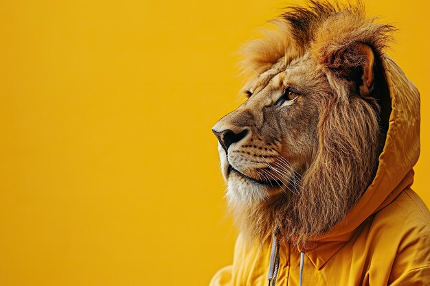 Animals are like humans portrait of a leo in a jacket on a yellow background place for text