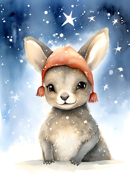 Animals Christmas in Watercolor Hats Amid Noel Backdrops Whimsical Cute Snow Backdrop Digital Art