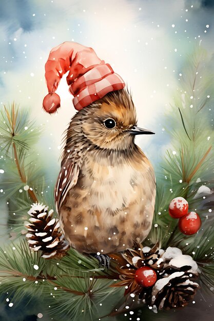 ノエルの背景に水彩の帽子をかぶった動物のクリスマス 風変わりなかわいい雪の背景 デジタルアート