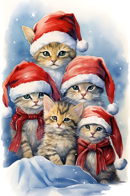 Animals Christmas in Watercolor Hats Amid Noel Backdrops Whimsical Cute Snow Backdrop Digital Art