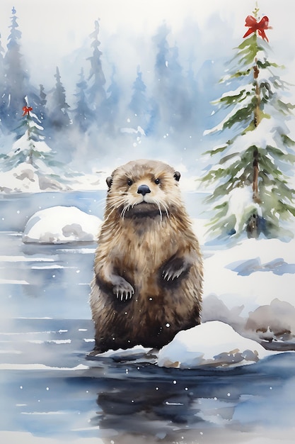 ノエルの背景に水彩の帽子をかぶった動物のクリスマス 風変わりなかわいい雪の背景 デジタルアート