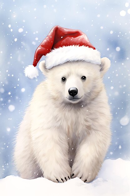 노엘 배경의 수채화 모자에 있는 동물 크리스마스 기발한 귀여운 눈 배경 디지털 아트