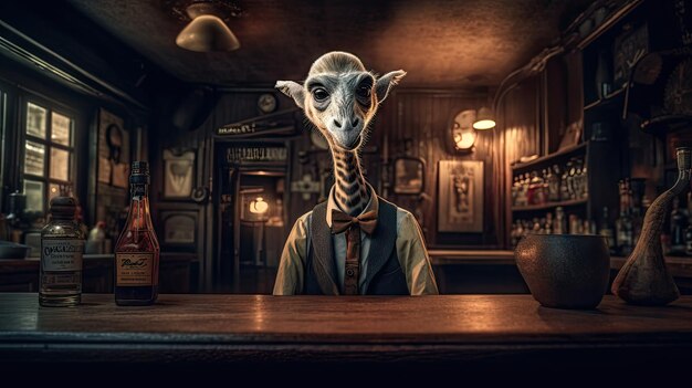 Animals Drinking at the Bar Mr Long Neck as the Bartender