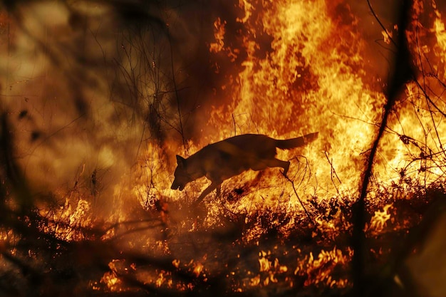 森の火災から逃げようとする燃えている動物