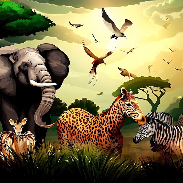 Animals in Forest and Jungle Wildlife Vector Diverse Animal Scenes