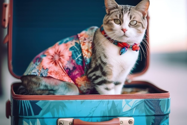 Animals at the resort on their vacation in sunglasses and with a travel case next to them