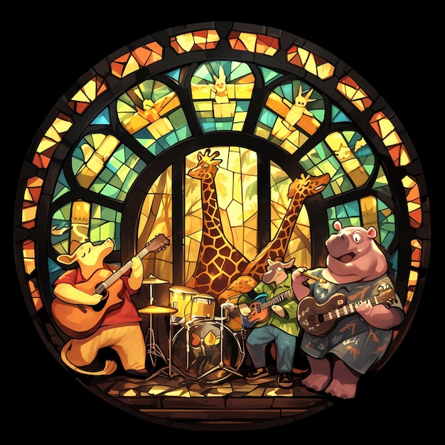 Photo animals in a rock band stained glass window illustration