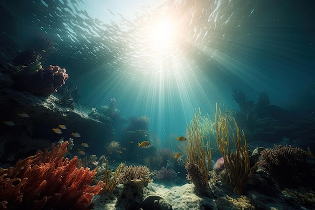 太陽光線のある水中世界の動物 サンゴ礁と魚 生成 AI