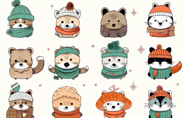 겨울 모자와 스카프를 입은 동물들은 다채로운 애니메이션 스의 스타일로 스됩니다.