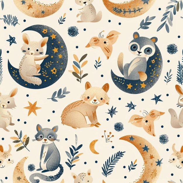 Animan pattern background for children animals on moon and plants generative ai