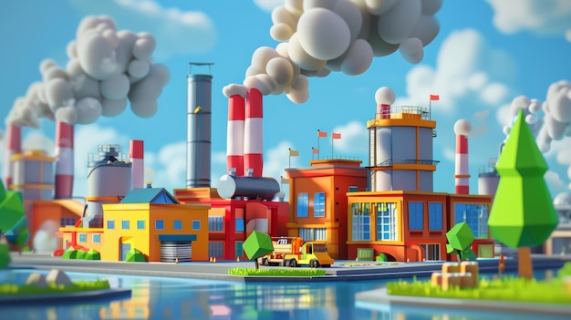 Photo animated 3d illustration of a modern factory with smoke and clouds