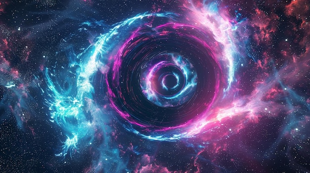 Animated 3D render abstract cosmic background with galaxy and stars Pink blue neon lines surrounding black hole