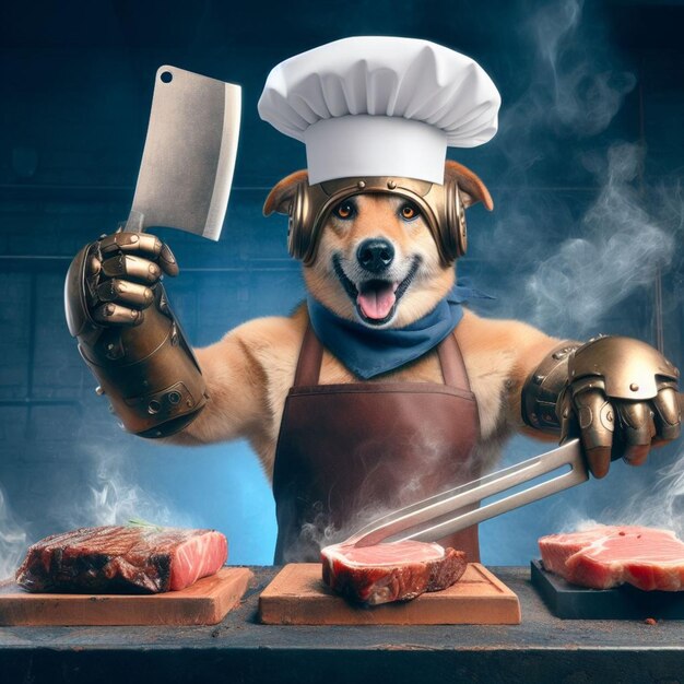 Photo animated anthropomorphic big dog chef wear hat enthusiastic prepares meal in photo art kitchen set