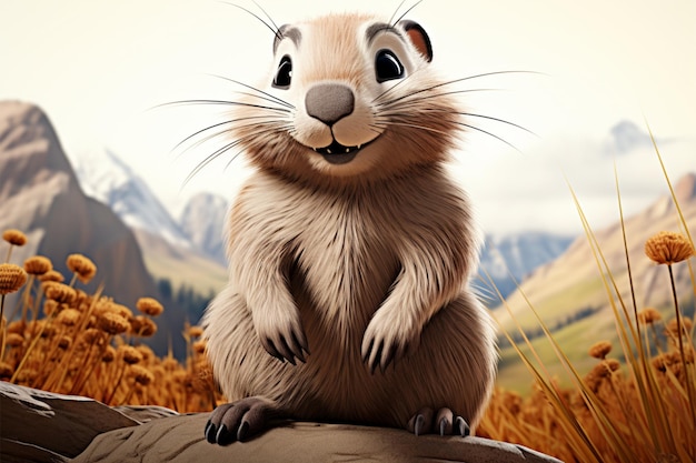 Animated beaver contently seated set against a picturesque mountain backdrop