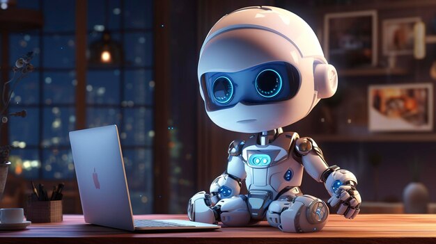 Animated boy with glasses at desk with computer and robot in a cozy room with soft lighting