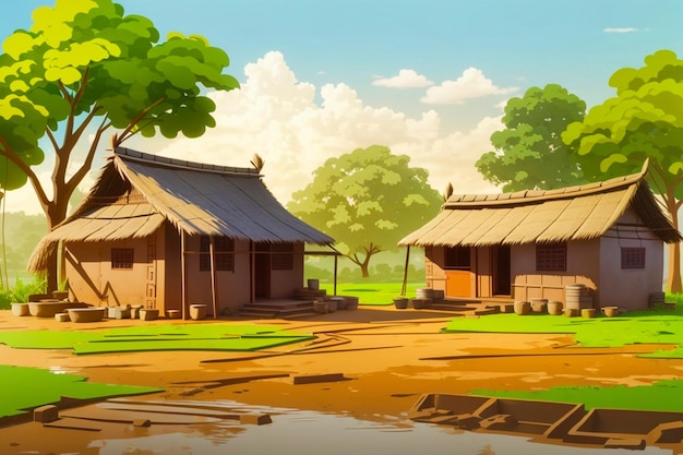 Animated carton rural village scene with sunset time