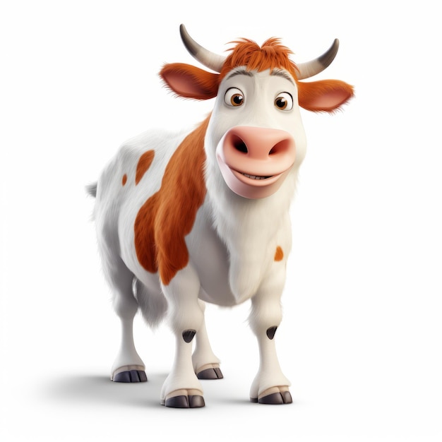 Photo animated cartoon cow in pixar style white and brown colors