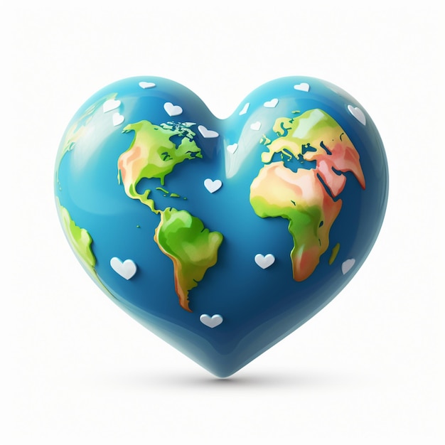 Animated cartoon earth in the shape of love on a white background