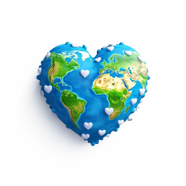 Animated cartoon earth in the shape of love on a white background