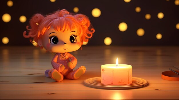 Animated character praying surrounded by glowing candles in a serene warm ambiance