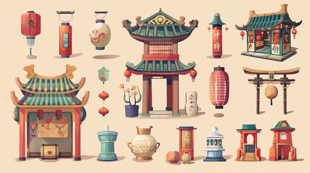 Animated Chinese new year market elements isolated on a beige background