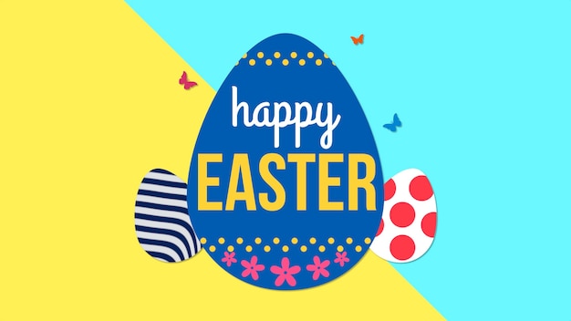 Photo animated closeup happy easter text and egg on yellow and blue background. luxury and elegant dynamic style template for holiday