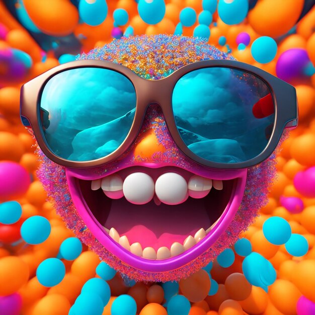 An animated emoji face with glasses in hyperrealistic 3d with a cartoon background