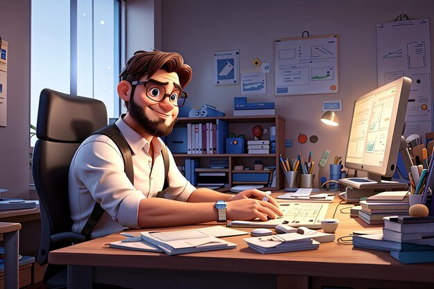 A animated engineer working on a computer in office engineering architecture concept illustration
